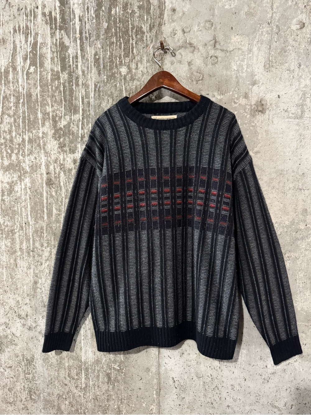 Men's Black and Gray Striped Crewneck Sweater